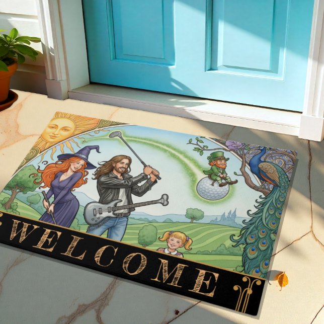 Paillasson Golf Famille avec Witch, Rockstar, Leprechaun / Ar (Modern Golf Family House Doormat)