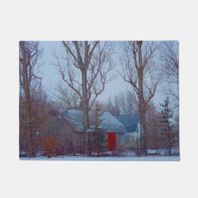 Paillasson Grange rouge rustique en hiver en hiver (Devant)