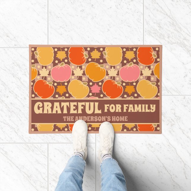 Paillasson Grateful for Family Nom personnalisé Boho Brown Pl (Intérieur)