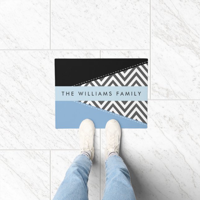 Paillasson Grey Zigzag, Grey Chevron, Bleu, Votre Nom (Intérieur)
