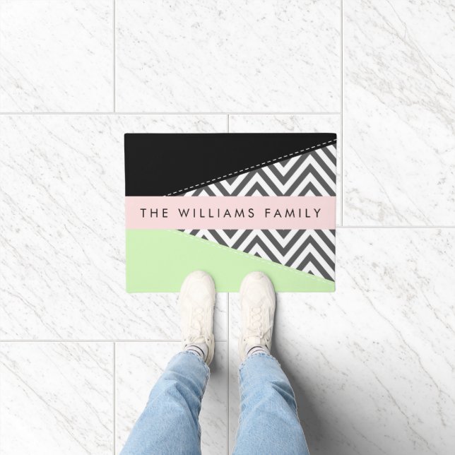 Paillasson Grey Zigzag, Grey Chevron, Mint, Votre Nom (Intérieur)