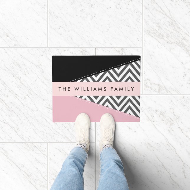 Paillasson Grey Zigzag, Grey Chevron, Rose, Votre Nom (Intérieur)
