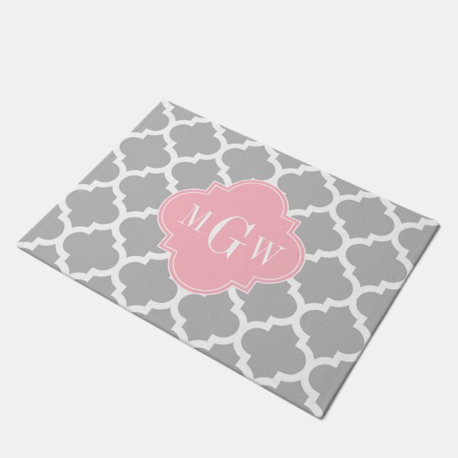 Paillasson Gris Blanc Marocain #5 Rose 3 Initial Monogramme (Incliné)