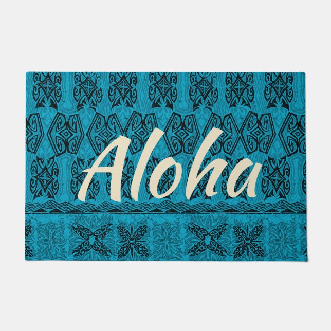 Paillasson Haena Beach Hawaii Primitive Tapa Aloha Turquoise (Devant)
