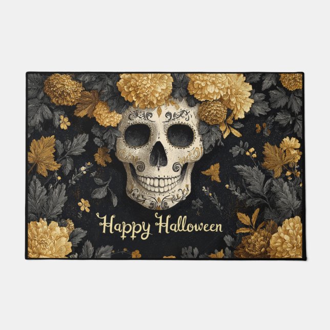 Paillasson Halloween Bone White Skull with Golden Marigolds (Devant)