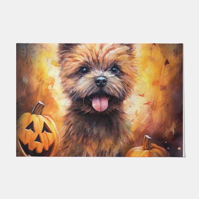 Paillasson Halloween Cairn Terrier Avec La Peur Citrouille (Devant)