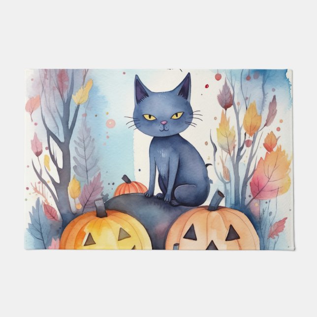 Paillasson Halloween Chat Bleu Oriental Avec Peur Citrouille (Devant)