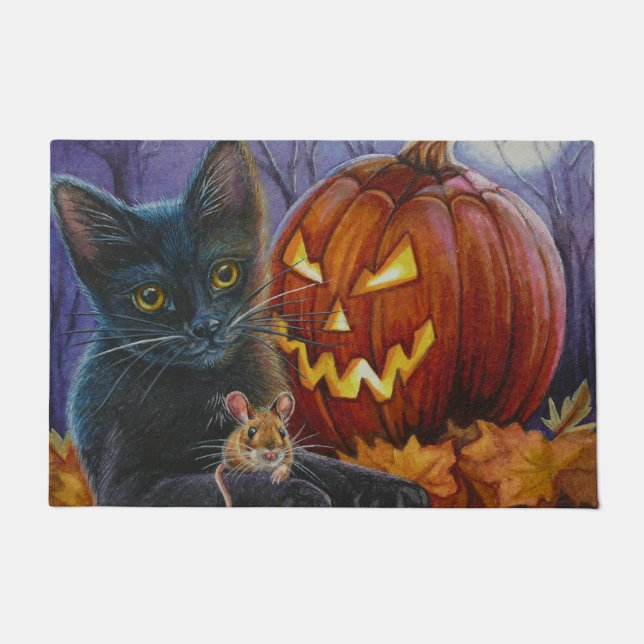 Paillasson Halloween Chat & Souris No 2. Aquarelle Art Domat (Devant)