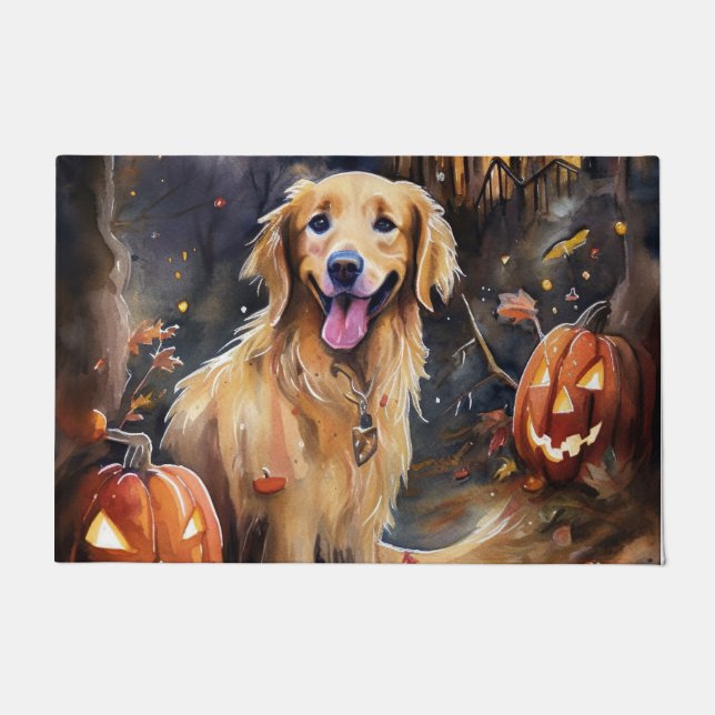 Paillasson Halloween Golden Retriever avec la peur Citrouille (Devant)