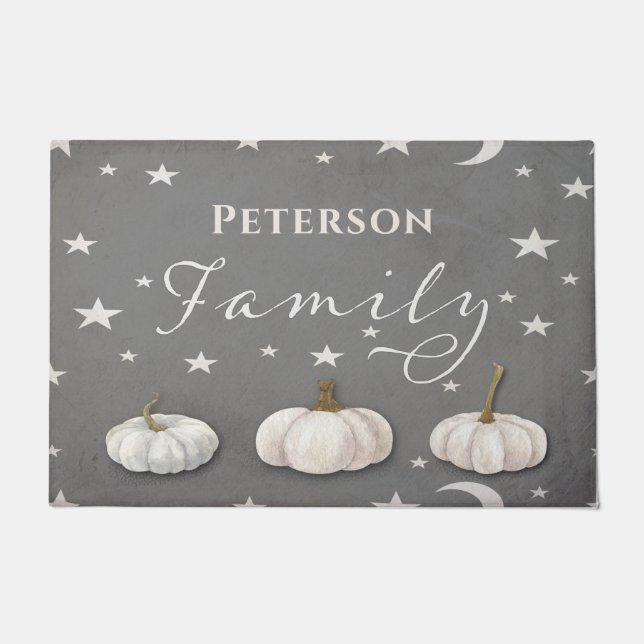 Paillasson Halloween gris blanc Citrouille famille Monogramme (Devant)