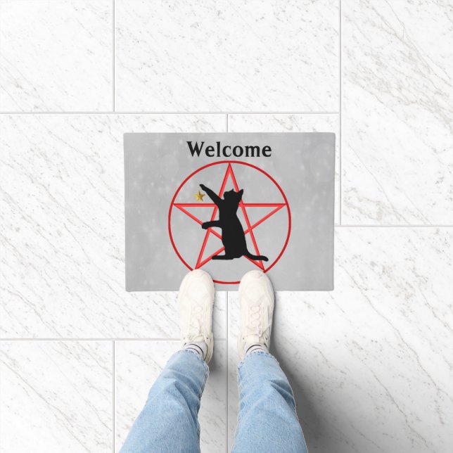 Paillasson Halloween Pentagram Cercle avec chat noir gris (Intérieur)