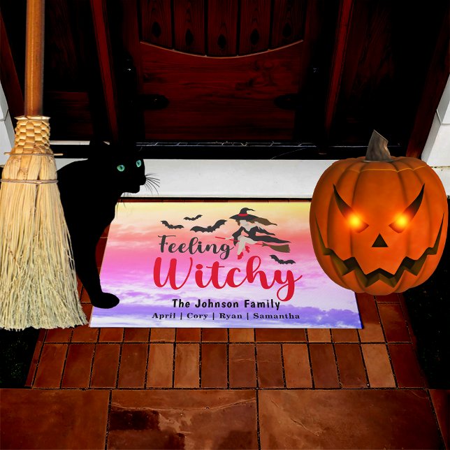 Paillasson Halloween Sentiment sorcière rose violet ciel (Halloween Feeling Witchy Witch Pink Purple Sky Doormat)