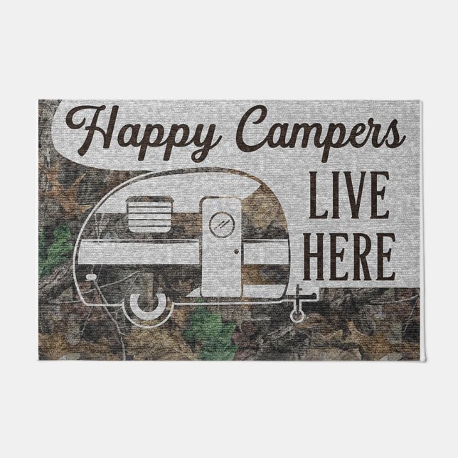 Paillasson Happy Camper Lives Here Doormat, Personalized (Devant)
