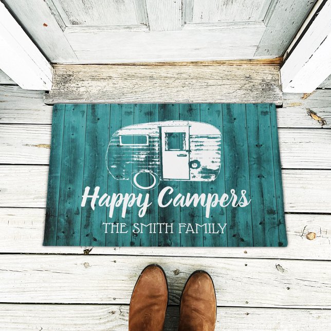 Paillasson Happy Campers Rustic Turquoise Grange Camping Nom  (Créateur téléchargé)