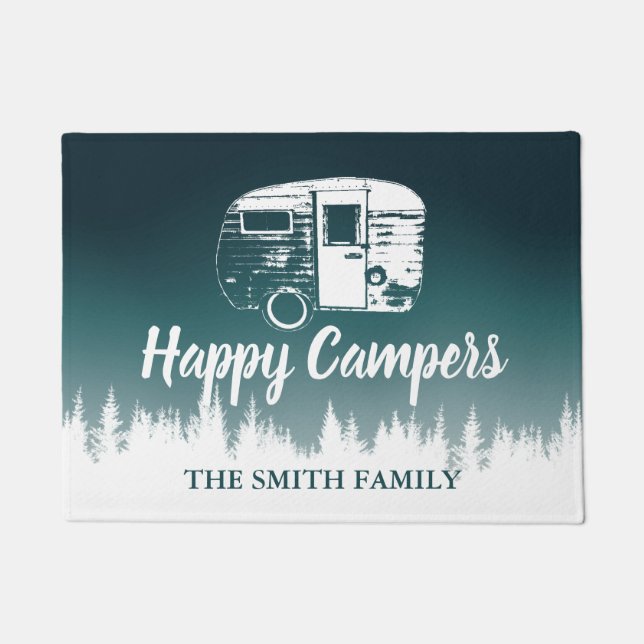 Paillasson Happy Campers Turquoise Ombre Forest Nom de famill (Devant)