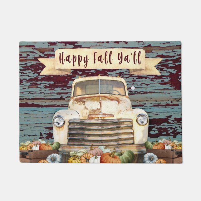 Paillasson Happy Fall Ya'll Rustic Truck et Citrouilles (Devant)