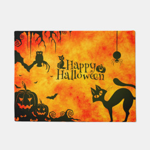 Paillasson Happy Halloween chat noir, hibou, citrouille