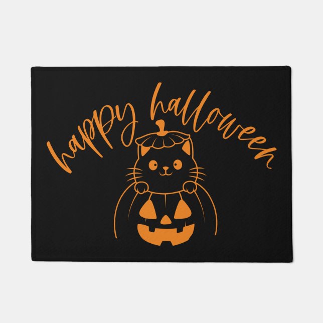 Paillasson Happy Halloween Kitty dans un Citrouille (Devant)