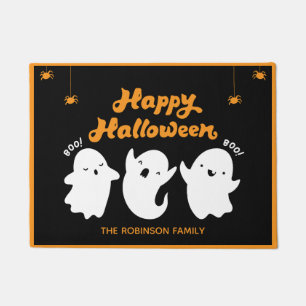 Paillasson Happy Halloween Orange Black Ghosts Nom du monogra
