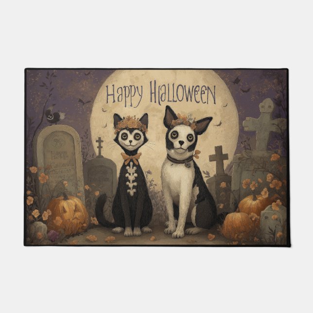 Paillasson Happy Halloween Skeleton Cat and Dog in Graveyard (Devant)