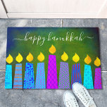 Paillasson Happy Hanoukka Script Moderne bougies Boho sur ver<br><div class="desc">"Bonne Hanoukka." Décorez votre entrée en "style" avec ce tapis de bienvenue personnalisé unique et amusant! Une illustration ludique, moderne et artistique de bougies motifs de saumons dans une menorah vous aide à inaugurer les vacances de Hanoukka. Des bougies bleues assorties de motifs de fausse feuille colorés et de flammes...</div>