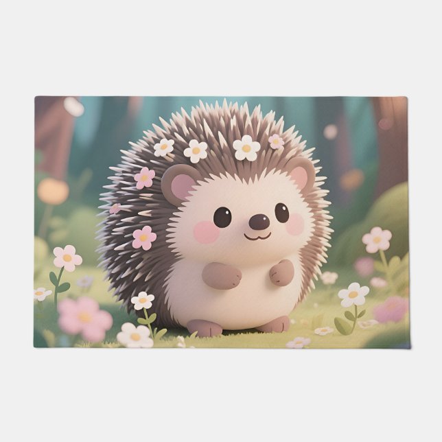 Paillasson Hérisson Adorable avec Fleurs Forêt Kawaii (Devant)