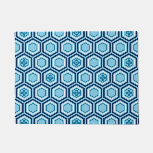 Paillasson Hexagonal Kimono Imprimer, Marine et Bleu clair (Devant)