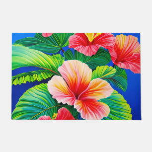 Paillasson hibiscus hawaïen fleurs rouges tropicales et vert