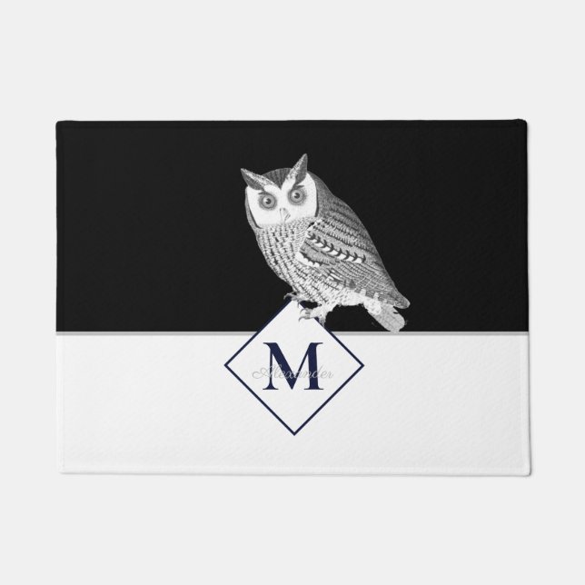 Paillasson Hibou gris monogramme de nom de chouette bleue (Devant)