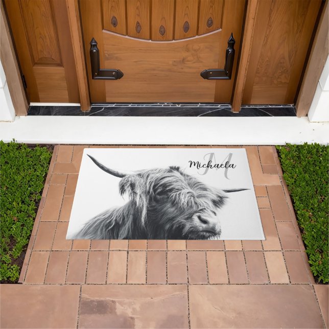 Paillasson Highland cow portrait initial monogram black white (De plein air)