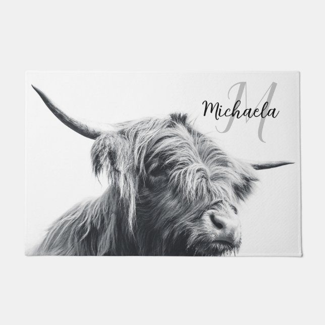 Paillasson Highland cow portrait initial monogram black white (Devant)
