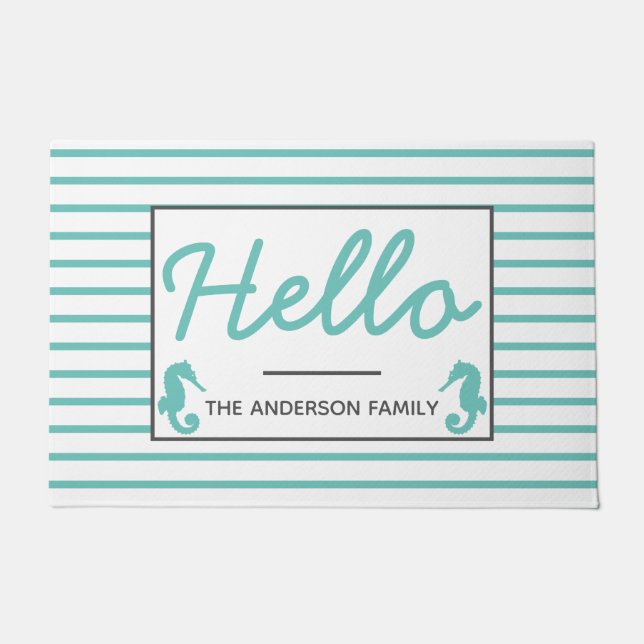 Paillasson Hippocampes turquoises côtiers bonjour (Devant)