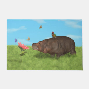 Paillasson Hippopotame heureux, fleur, papillons