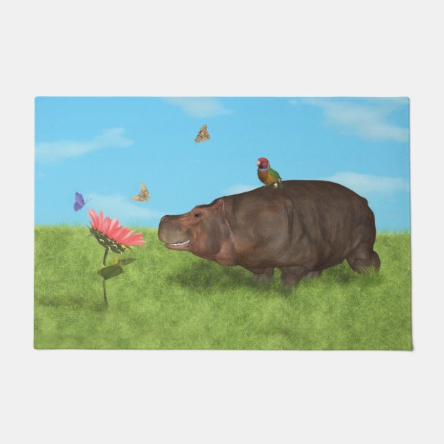 Paillasson Hippopotame heureux, fleur, papillons (Devant)
