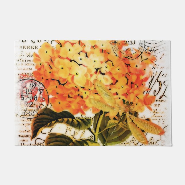 Paillasson Hortensia orange et libellule (Devant)