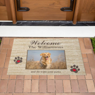 Paillasson Humour Chien Photo Custom Burlap Texture Bienvenue
