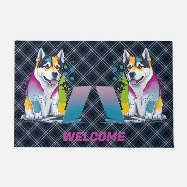 Paillasson Husky Chig Computer Rainbow Watercolor Tech Savvy (Devant)