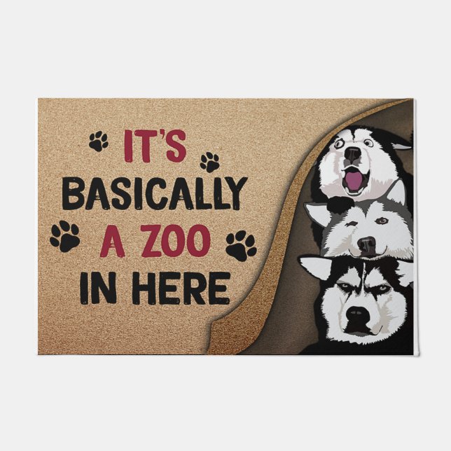Paillasson Husky Dogs Mat, C'est en gros un zoo ici (Devant)
