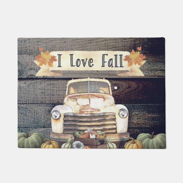 Paillasson I Love Fall Rustic Truck and Autumn Leaves (Devant)