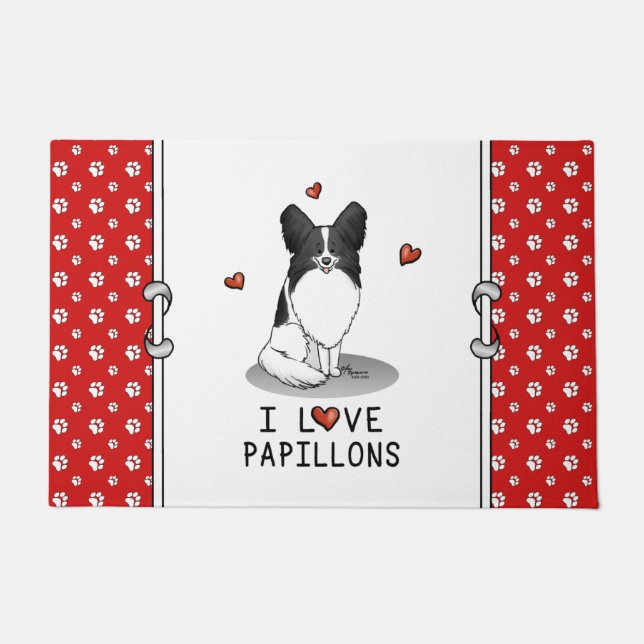 Paillasson I Love Papillons (blanc & noir) Coeurs Chiens mign (Devant)