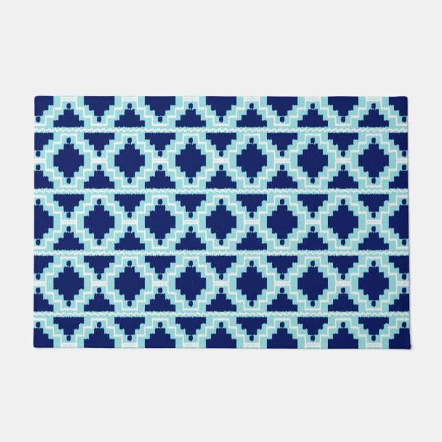 Paillasson Ikat Aztec Tribal Indigo et son mat de porte bleu  (Devant)