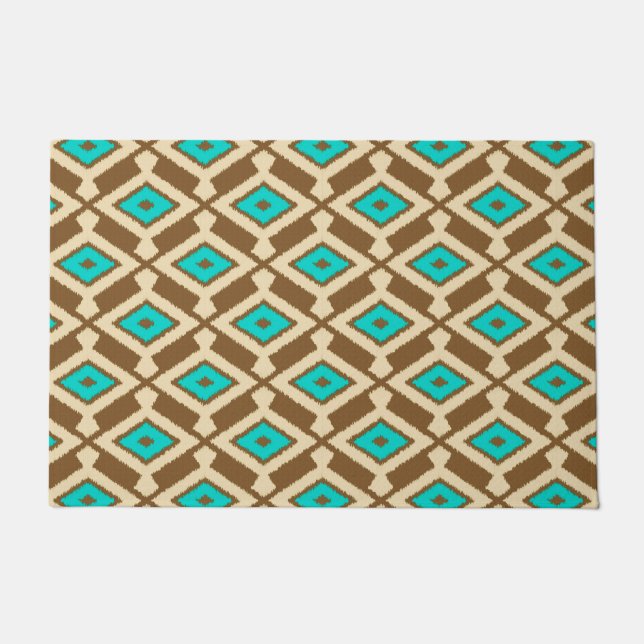 Paillasson Ikat Motif, Turquoise, Taupe et Beige (Devant)