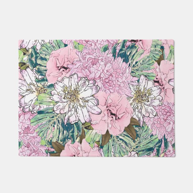 Paillasson Illustration florale rose et blanche de mignonne f (Devant)