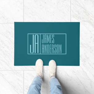 Paillasson Initiales et nom modernes   Turquoise foncé et ble