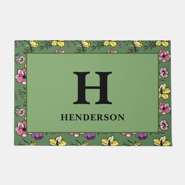 Paillasson Jardin de fleurs vertes Monogramme (Devant)