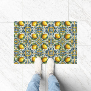 Paillasson Jaune Bleu Capri Citron Motif de Carreaux Méditerr