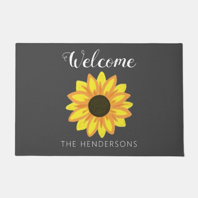 Paillasson Jaune Sunflower Grey Welcome Script Nom de famille (Devant)