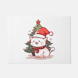 Paillasson Joli chat portant un chapeau de Père Noël près de