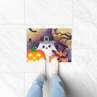 Paillasson Joli fantôme d'Halloween avec chapeau de sorcière
