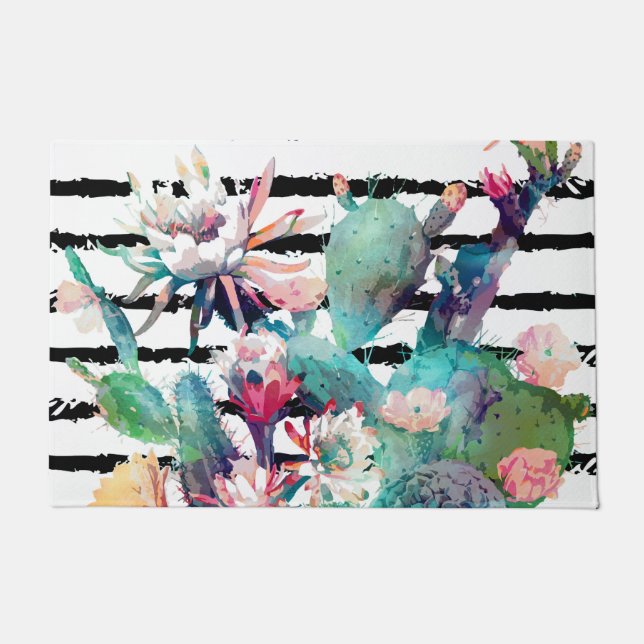 Paillasson Jolie aquarelle Cactus Floral Black Stripes (Devant)
